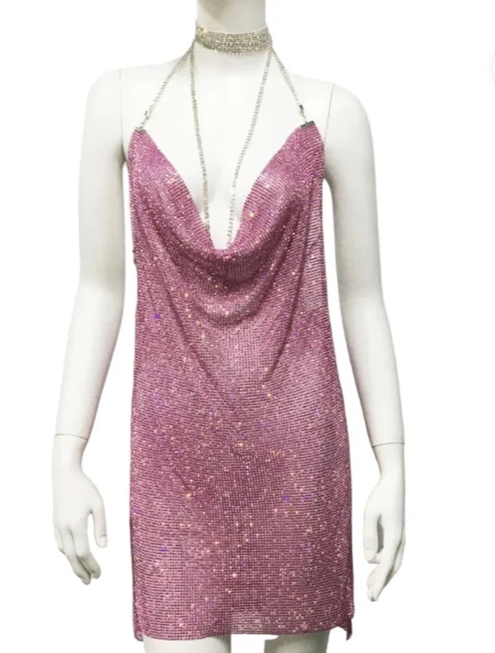 Pink sparkle cowl neck dress