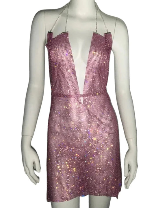 Pink sparkle halter neck dress