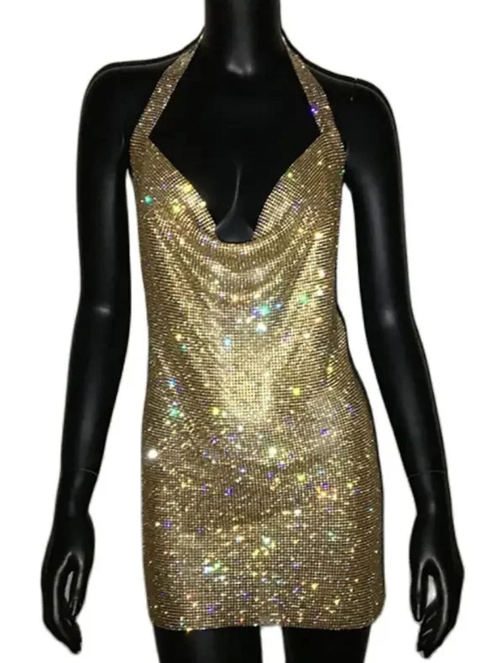 Gold sparkle cowl neck dress
