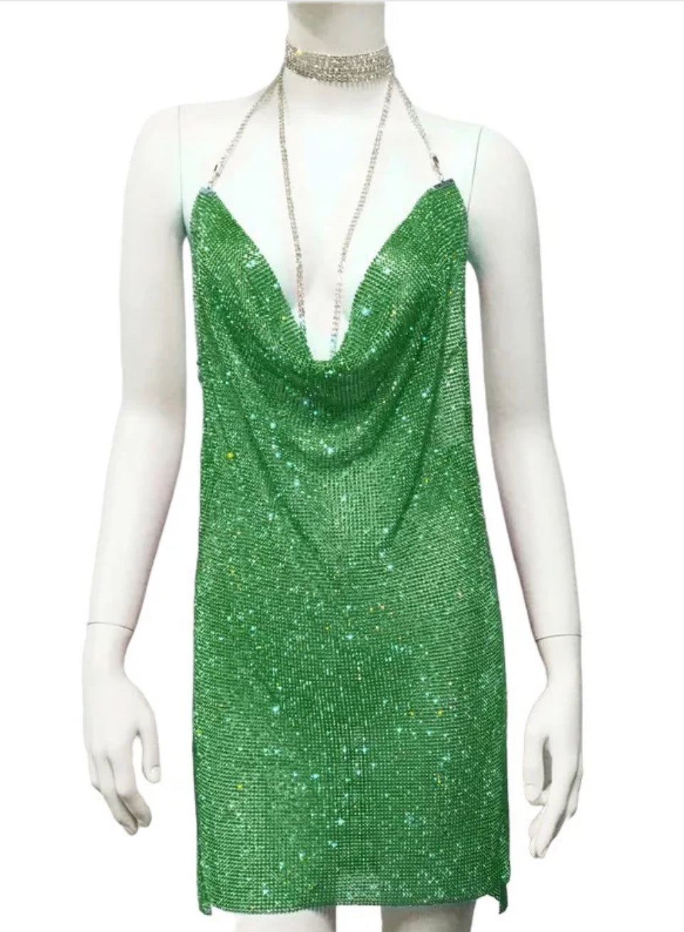 Green sparkle cowl neck dress