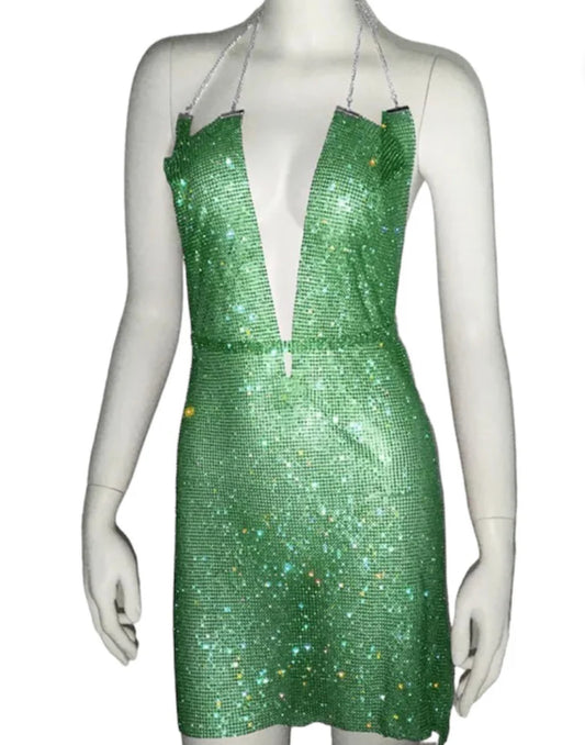 Green sparkle halter neck dress