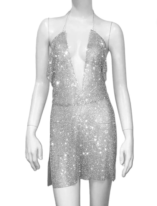 Silver sparkle halter neck dress