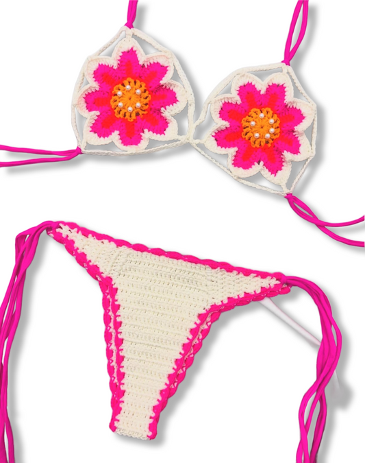 Hot pink flower crotchet bikini