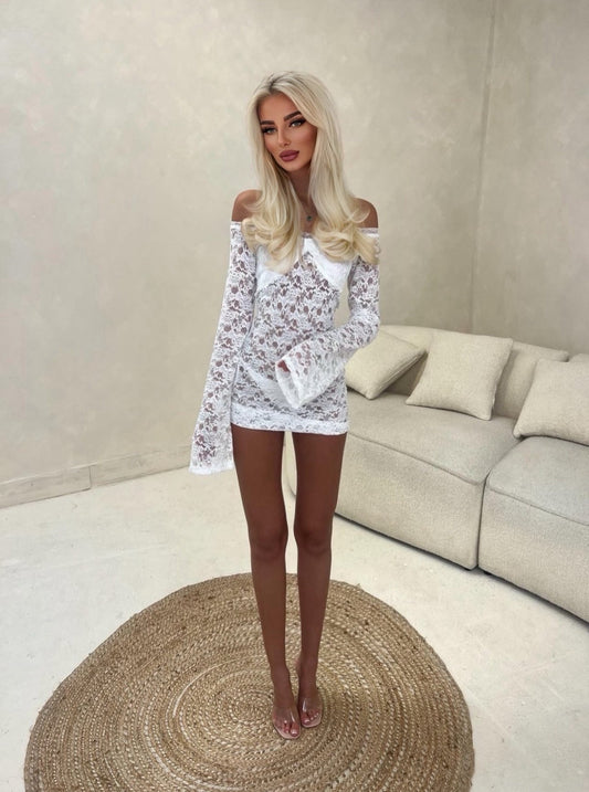 White lace flared sleeve mini dress