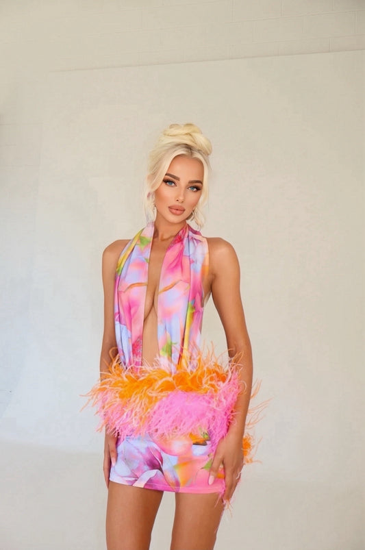 Halterneck dress with feathers (colorful)