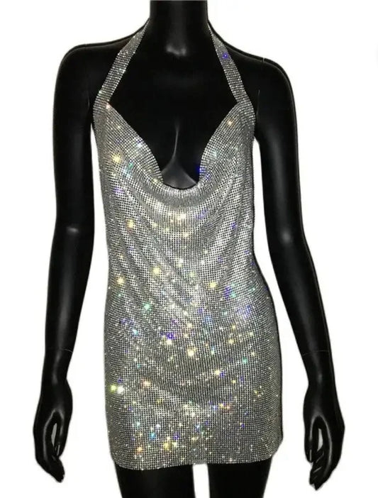 Silver sparkle cowl neck dress