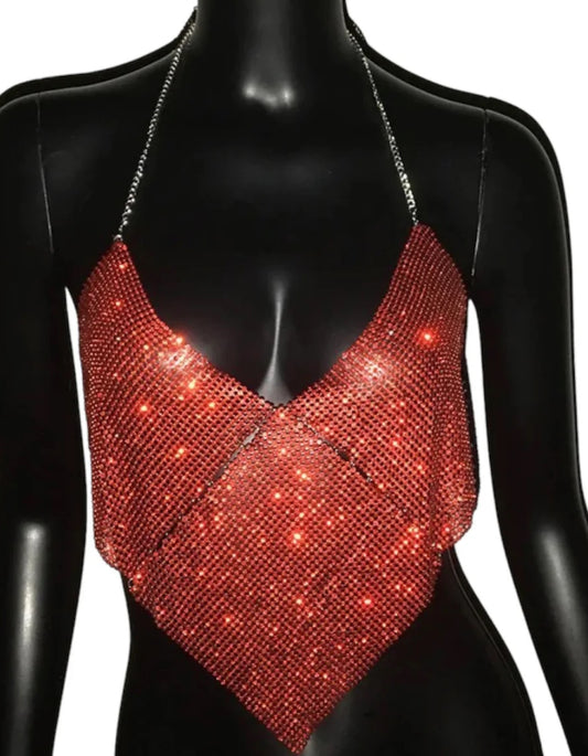 Red sparkle cowl neck top