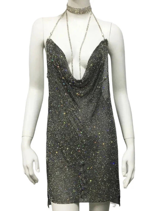 Dark grey sparkle cowl neck dress
