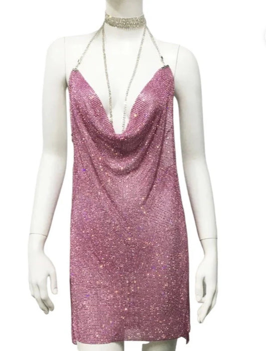Pink sparkle cowl neck dress