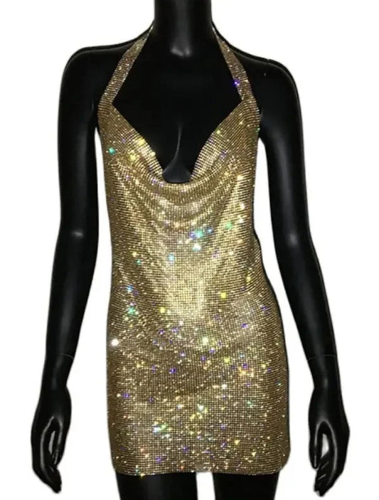 Gold sparkle cowl neck dress