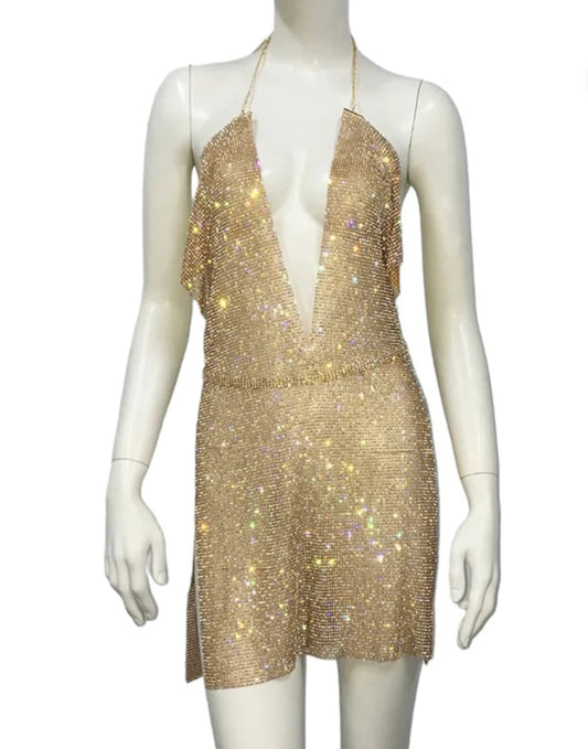 Gold sparkle halter neck dress