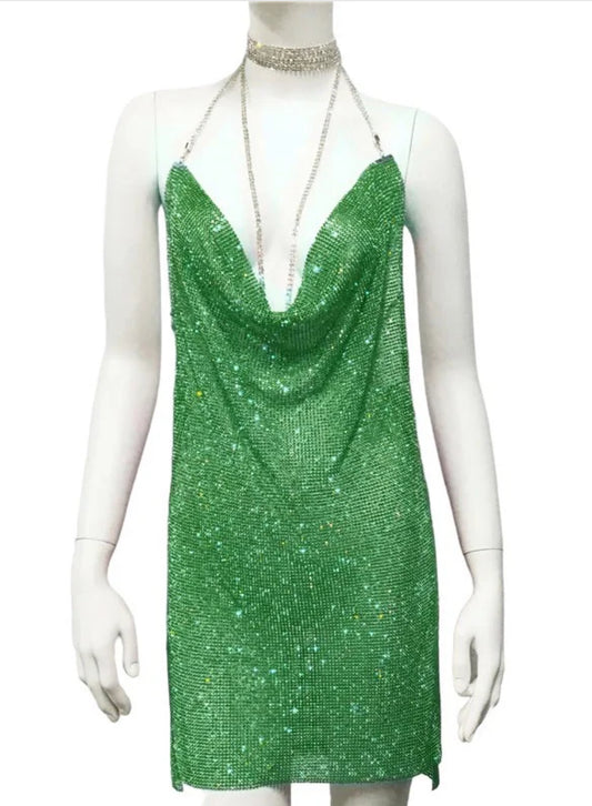 Green sparkle cowl neck dress