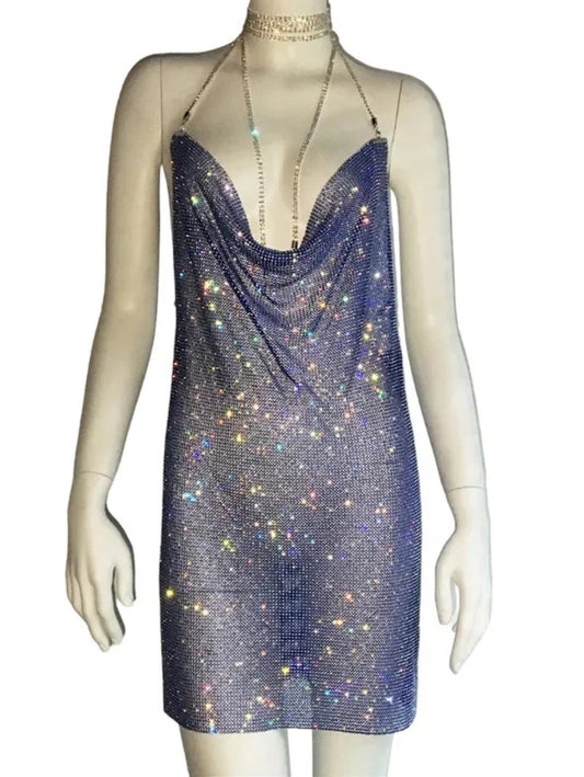Blue sparkle cowl neck dress