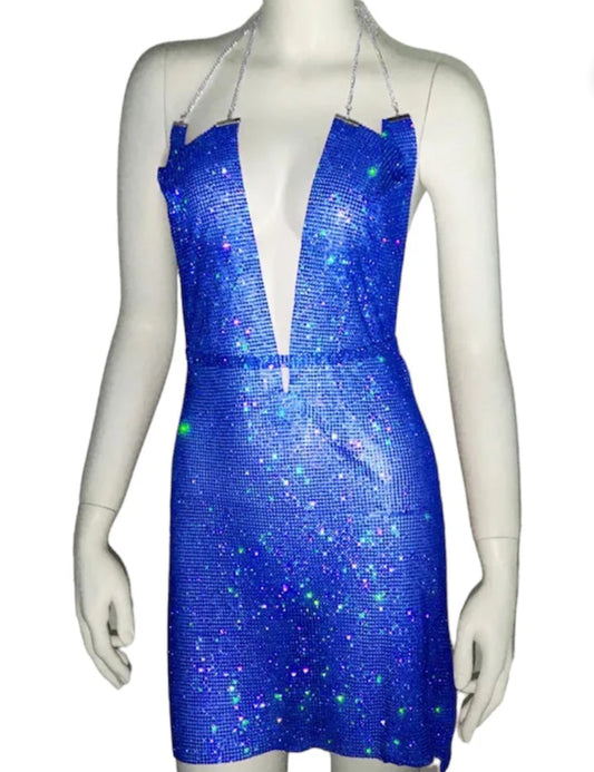 Blue sparkle halter neck dress
