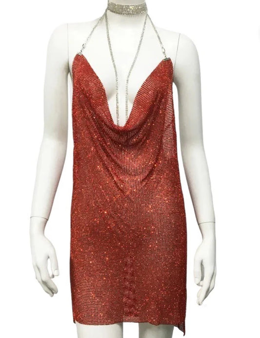 Red sparkle cowl neck dress
