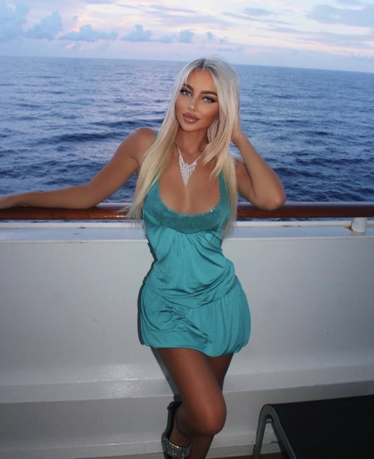 Aqua halter mini dress