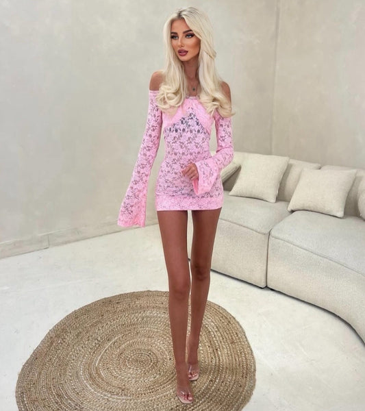 Pink lace flared sleeve mini dress