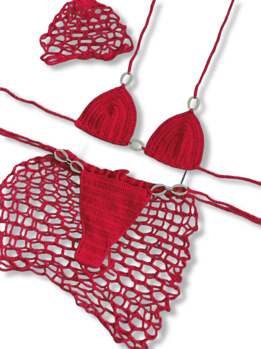 Red crotchet 4 piece bikini